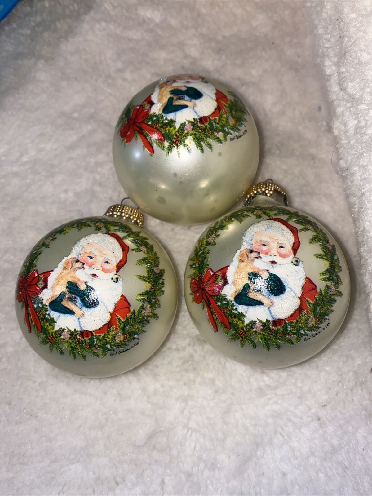 VTG CBK Christmas Ornaments Balls Painted Santa Claus Puppy Wreath Glitter