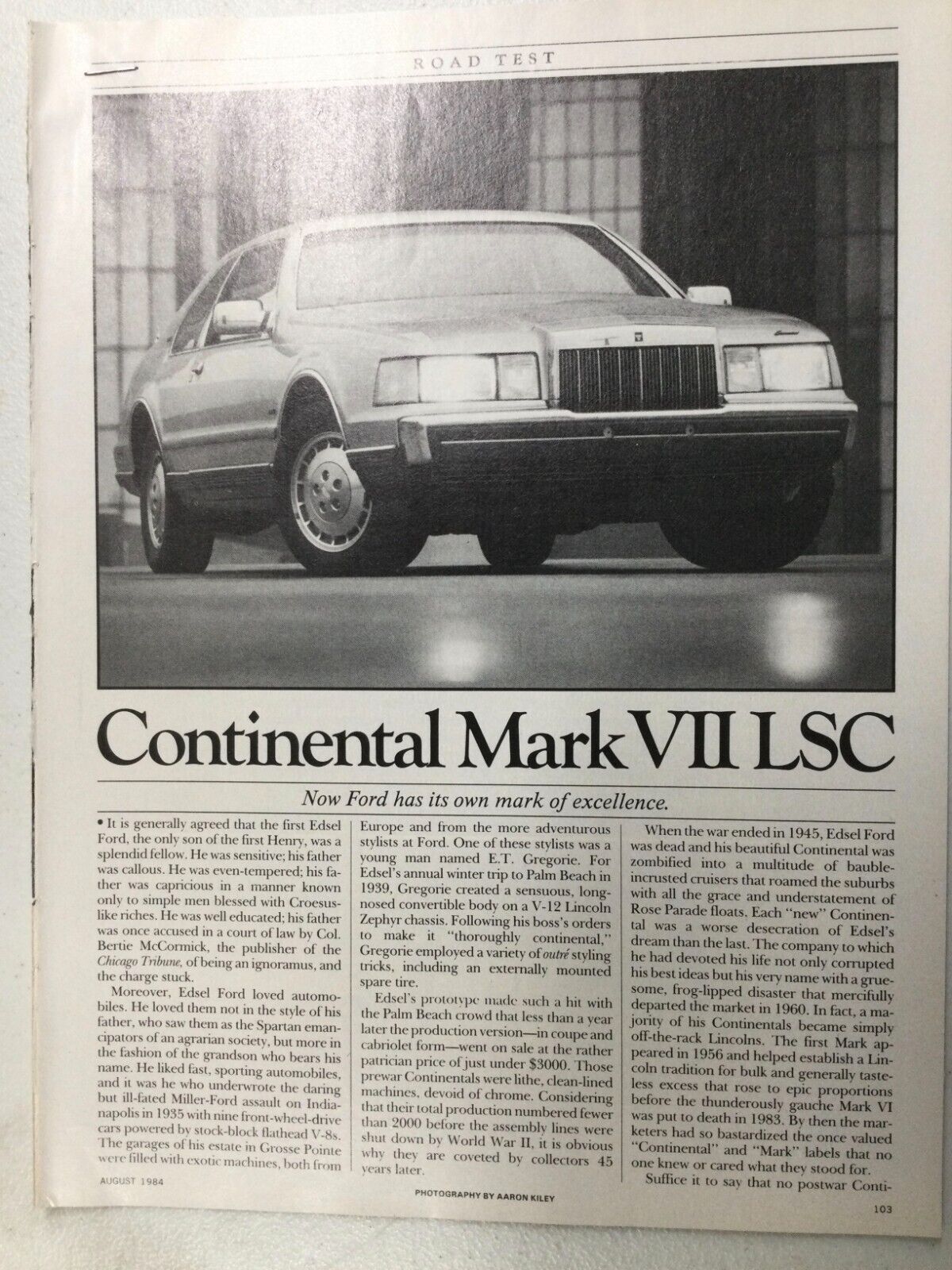 LincolnArt95 Article Road Test 1985 Continental Mark VII LSC Aug 1984 6 page