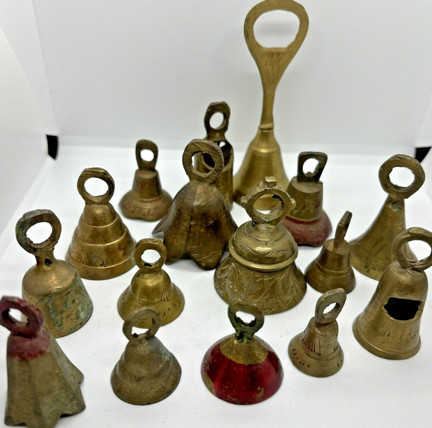 Vintage 16 Brass Bells Etched India Mixed Lot Sarna Plus Hanging 3 Piece