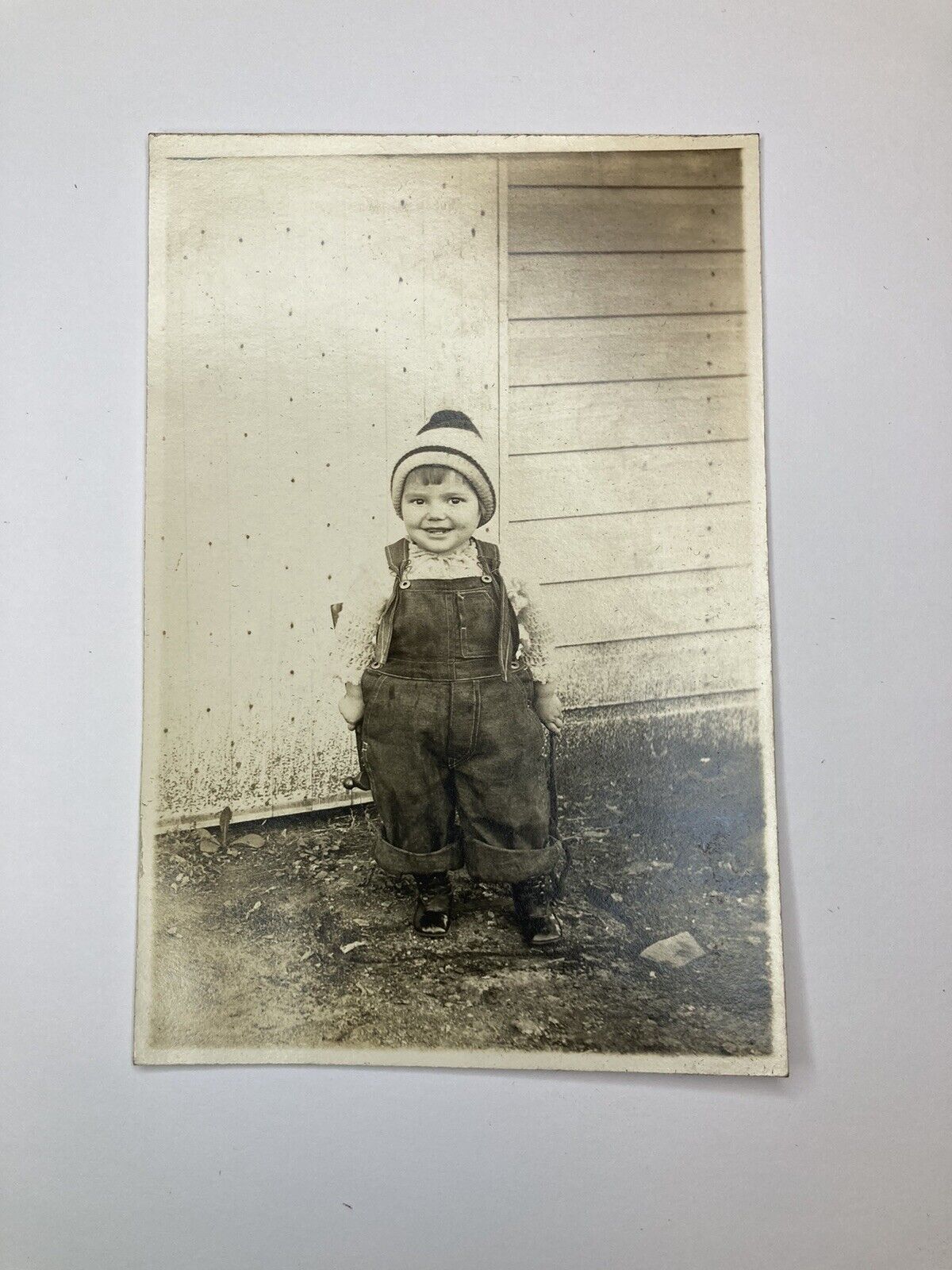 c1910’s Adorable Child Wearing Overalls Posing With Tools ANTIQUE Photo