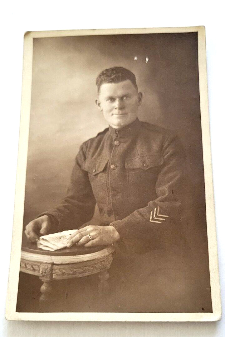 WWI Era Soldier in Uniform Staff Sergeant RPPC Studio Military Photo Post Card