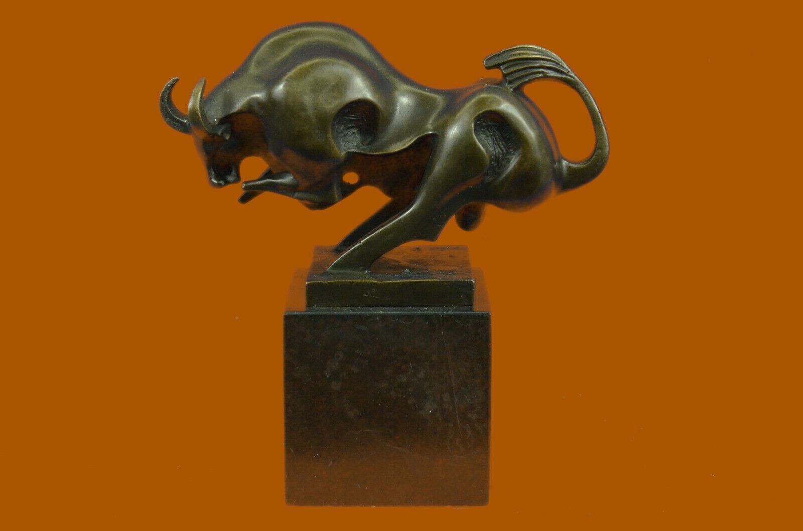 Solid Bronze Sculpture of a Bull Marble Base Abstract Art Deco Figurine Hot cast
