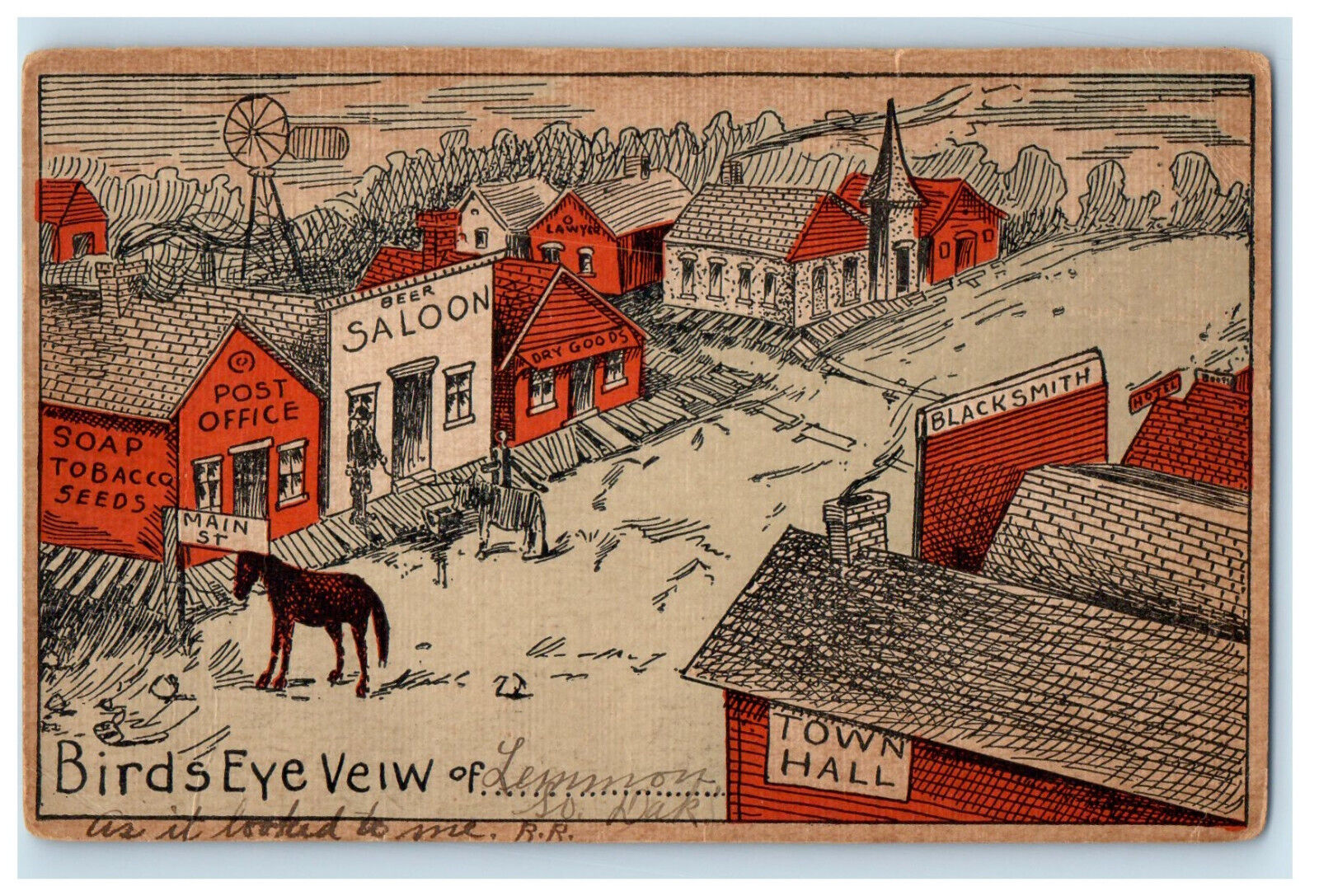 1908 Horse Scene, Bird\'s Eye View of Lemmon South Dakota SD Postcard