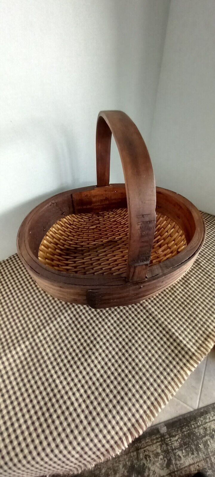 Antique Old Primitive Gathering Basket Woven Reed Willow BentWood Handle Vintage
