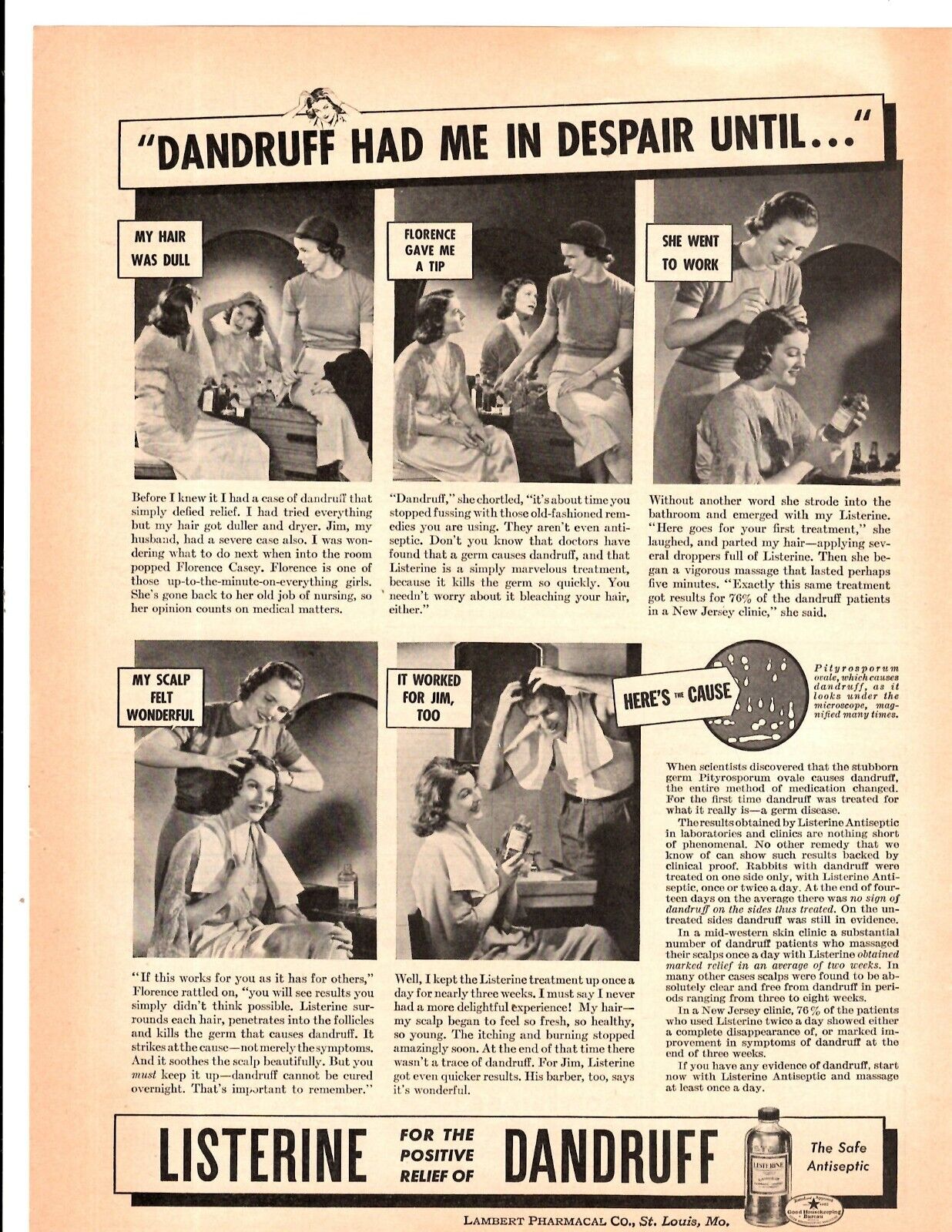 1937 Print Ad Listerine for the Positive Relief of Dandruff The Safe Antiseptic