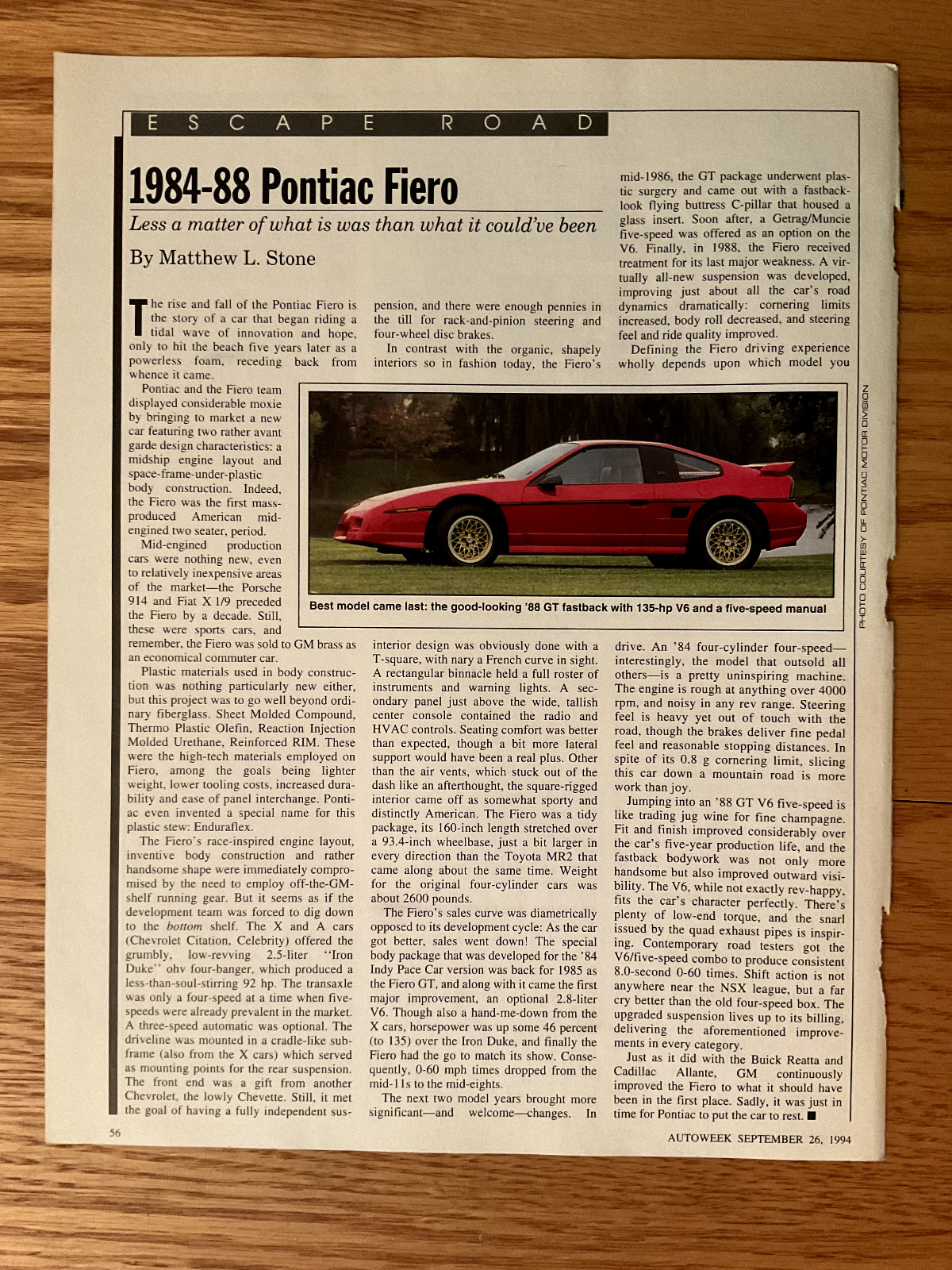 AW75 Article Escape Roads 1984 - 1988 Pontiac Fiero 1 page