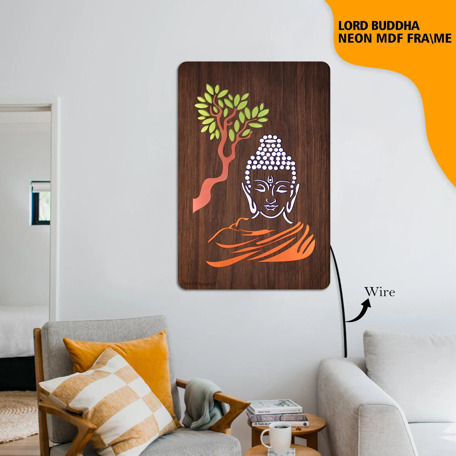 NEON LORD BUDDHA FRAME With LED Light 12x18CM For Decorate Your House Pooja Ghar