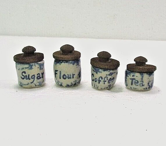 CLAY CITY POTTERY MINIATURE BLUE & WHITE SPONGE CANISTER SET
