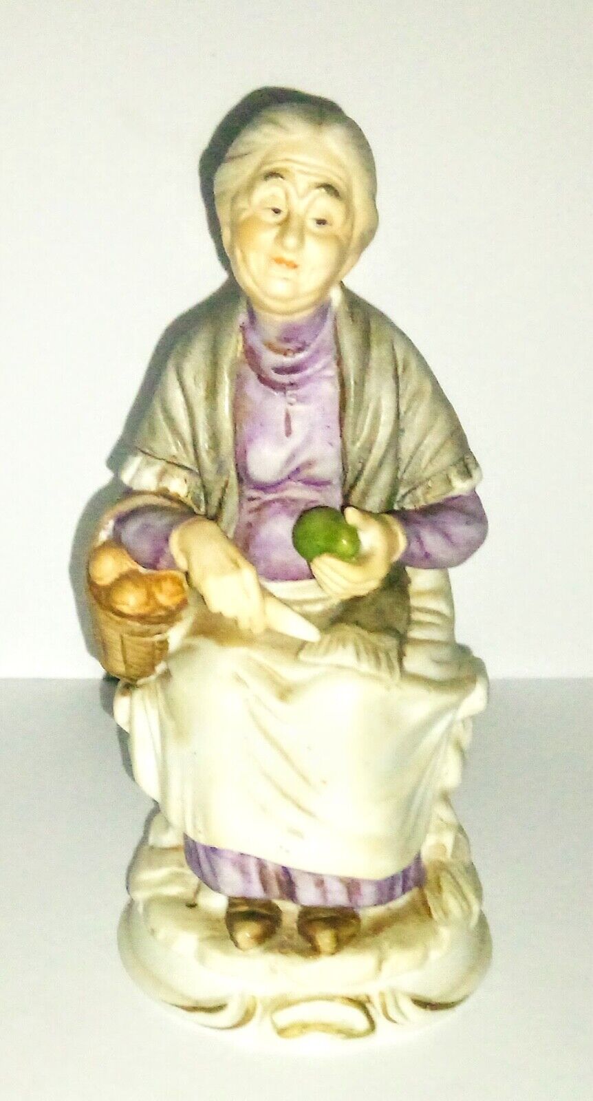 Vintage FBIA Bisque Porcelain Elderly Old Woman with Fruit Basket  figurine 7\