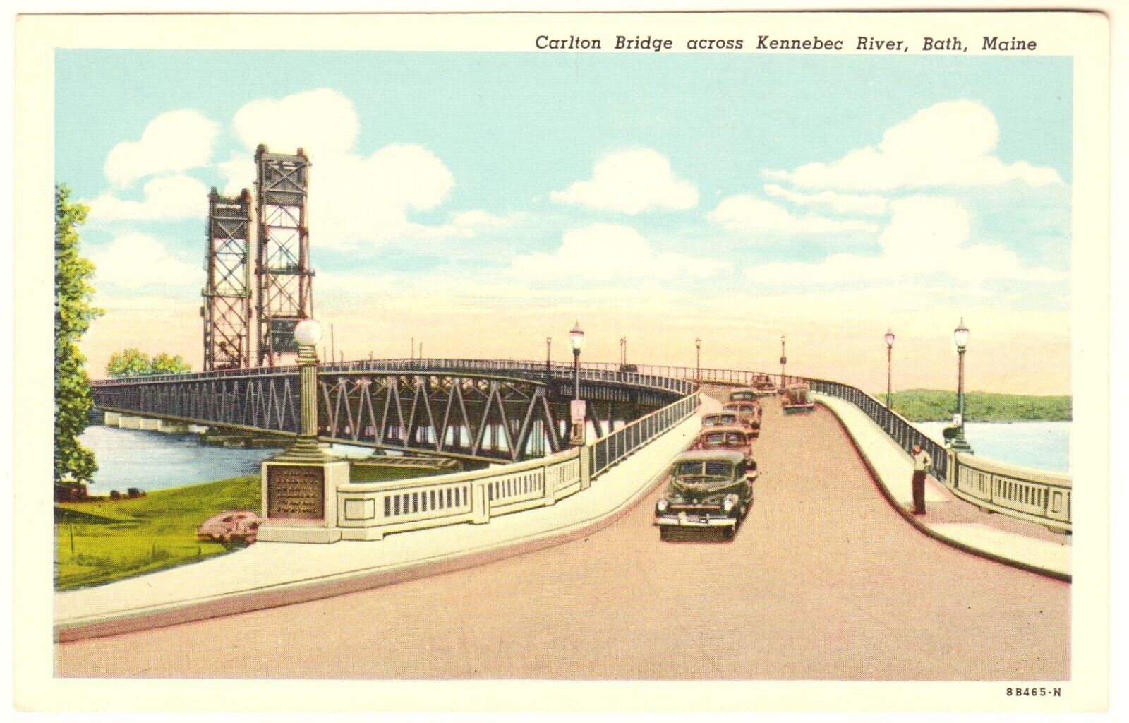 CARLTON BRIDGE across KENNEBEC RIVER, BATH, MAINE - 1948 Linen Postcard