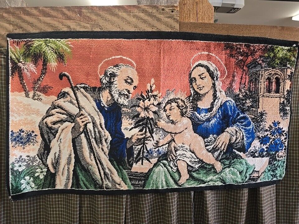 Vintage Velvet Tapestry From Italy: St Joseph Gifts Lily To Baby Jesus And Mary