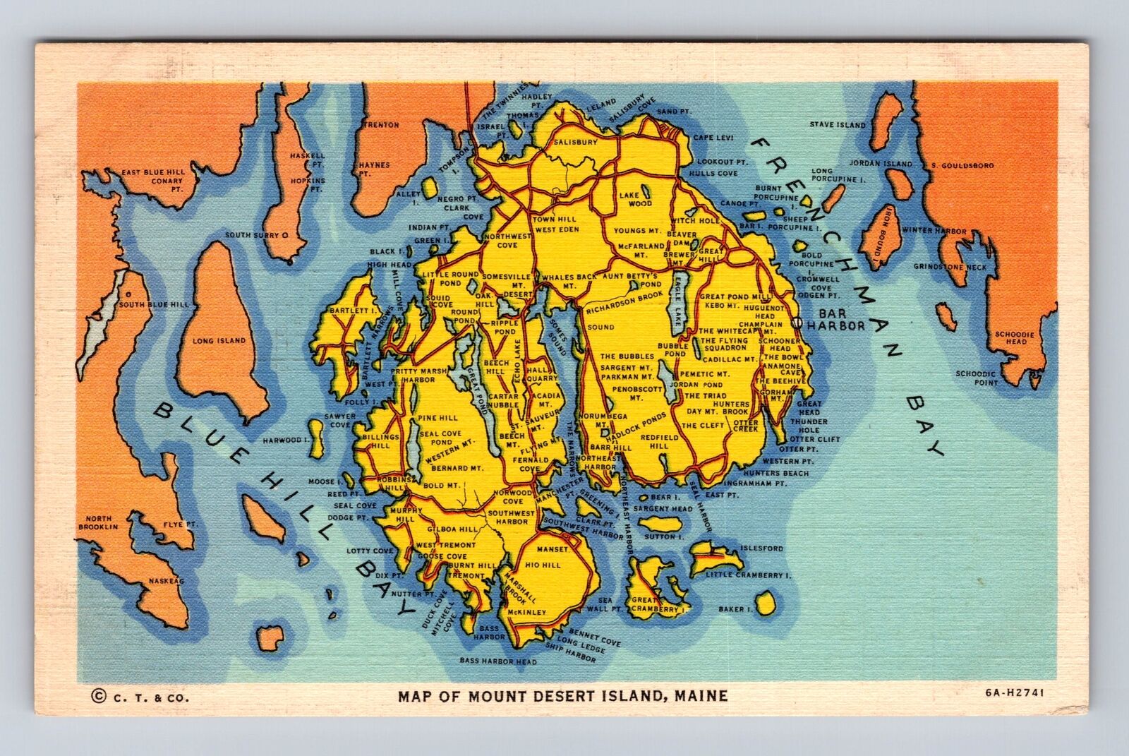 Mount Desert Island ME-Maine, Map And Landmarks, Antique, Vintage Postcard