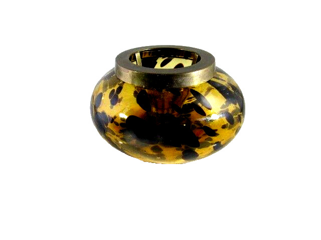 Vtg Leopard ART GLASS Votive Candle Holder w/ Brass Candle Holder 7\