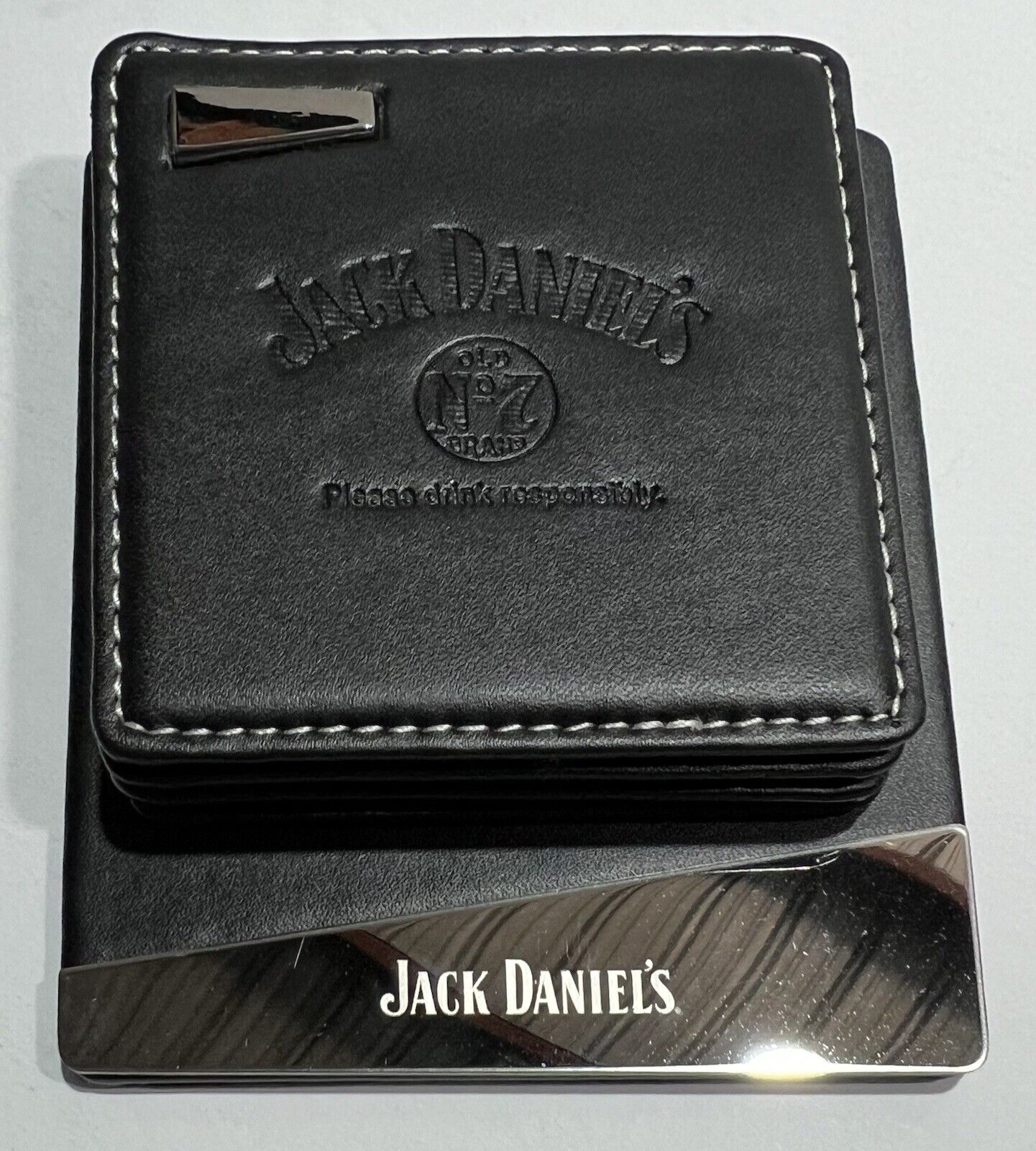JACK DANIELS OLD NO.7 STAMPED LEATHER COASTER SET 4  W/ Leather Coaster Holder