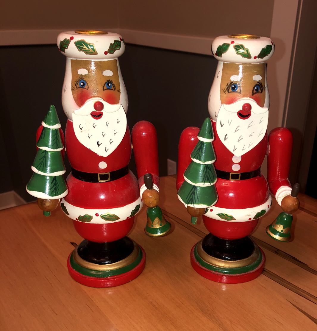 Vtg Pair of Old World Wood Wooden Santa Claus Candle Holders w/ Tree and Bell