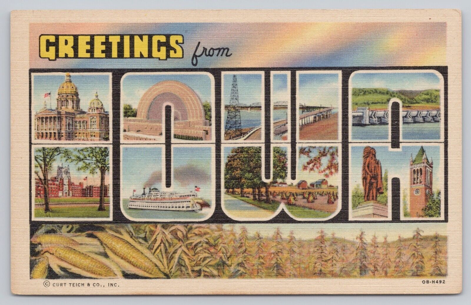 Iowa, Large Letter Greetings, Corn Field, Vintage Postcard