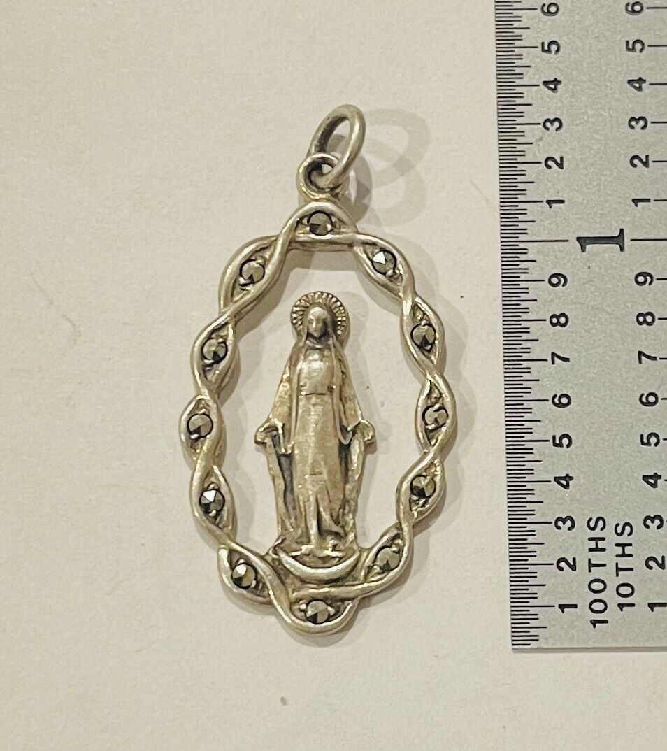 Unusual Open Sterling Silver Marcasite Antique Miraculous Mary Medal Pendant
