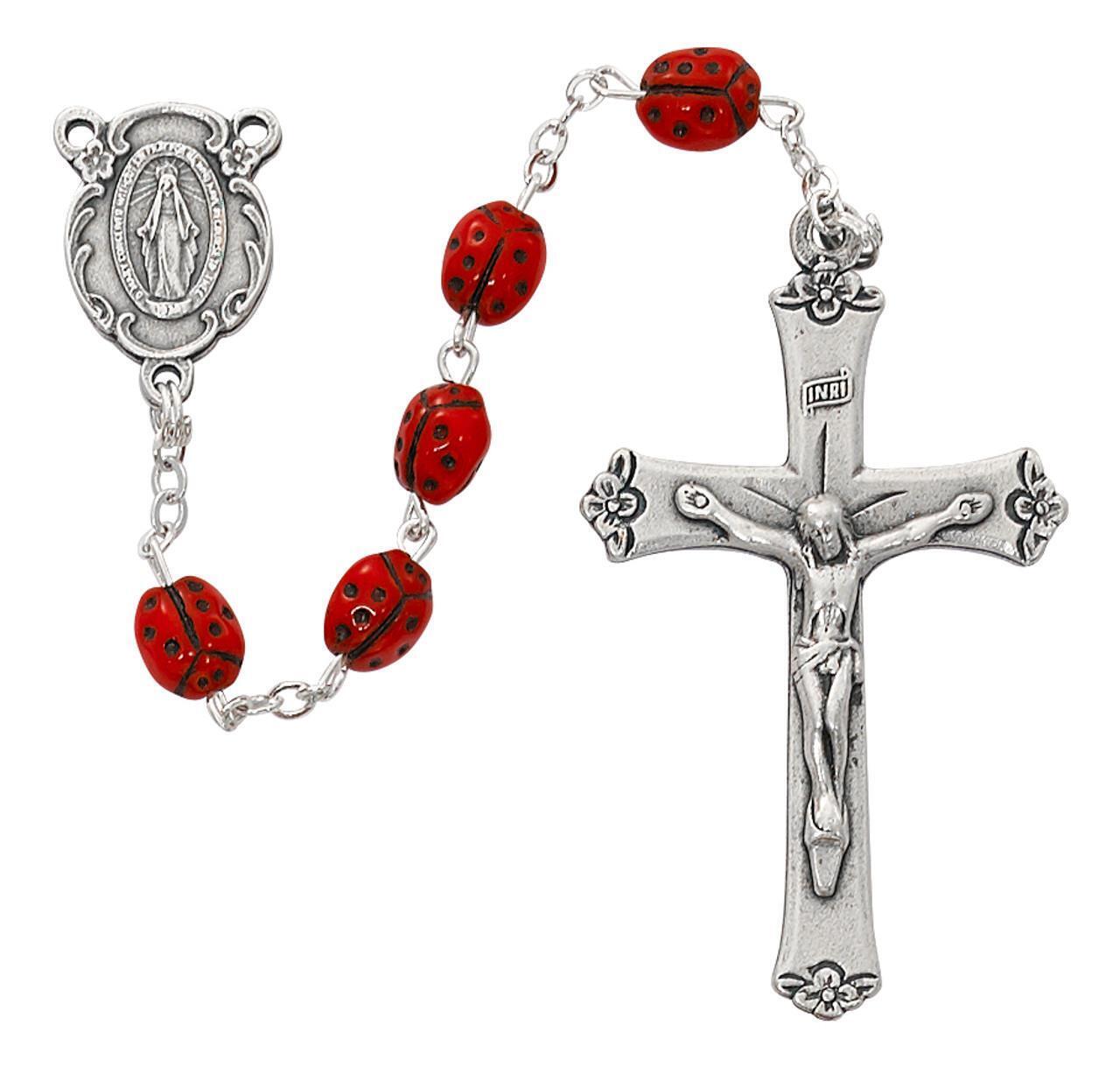 Red Lady Bug Silver Oxidized Rosary Comes in a Plastic Gift Box