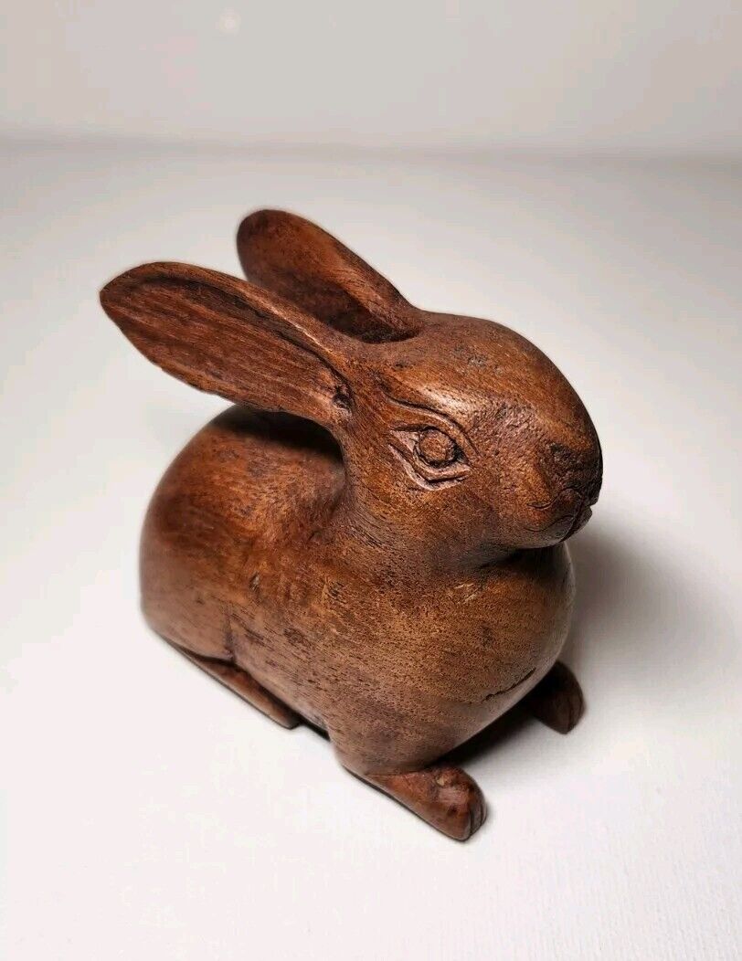 Hidden Compartment Hand Carved Wooden Rabbit Figurine VINTAGE Small 2 x 3 1/4\