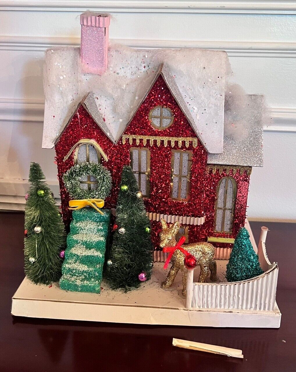 Cody Foster Red Glitter Christmas Village Putz Paper House w/ Deer AS IS