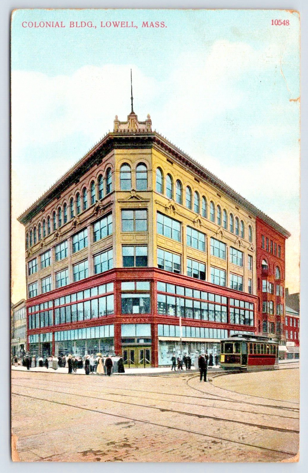 Postcard 1913 Colonial Building Lowell Mass. Trolley Car A10