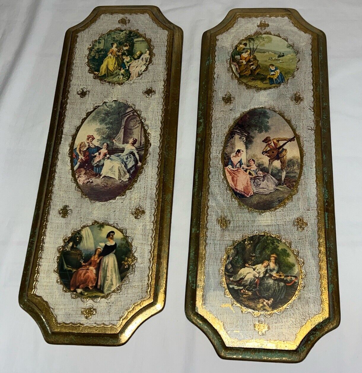 Lot of 2 Vintage Italian Florentine Toleware Gold Wood Plaques