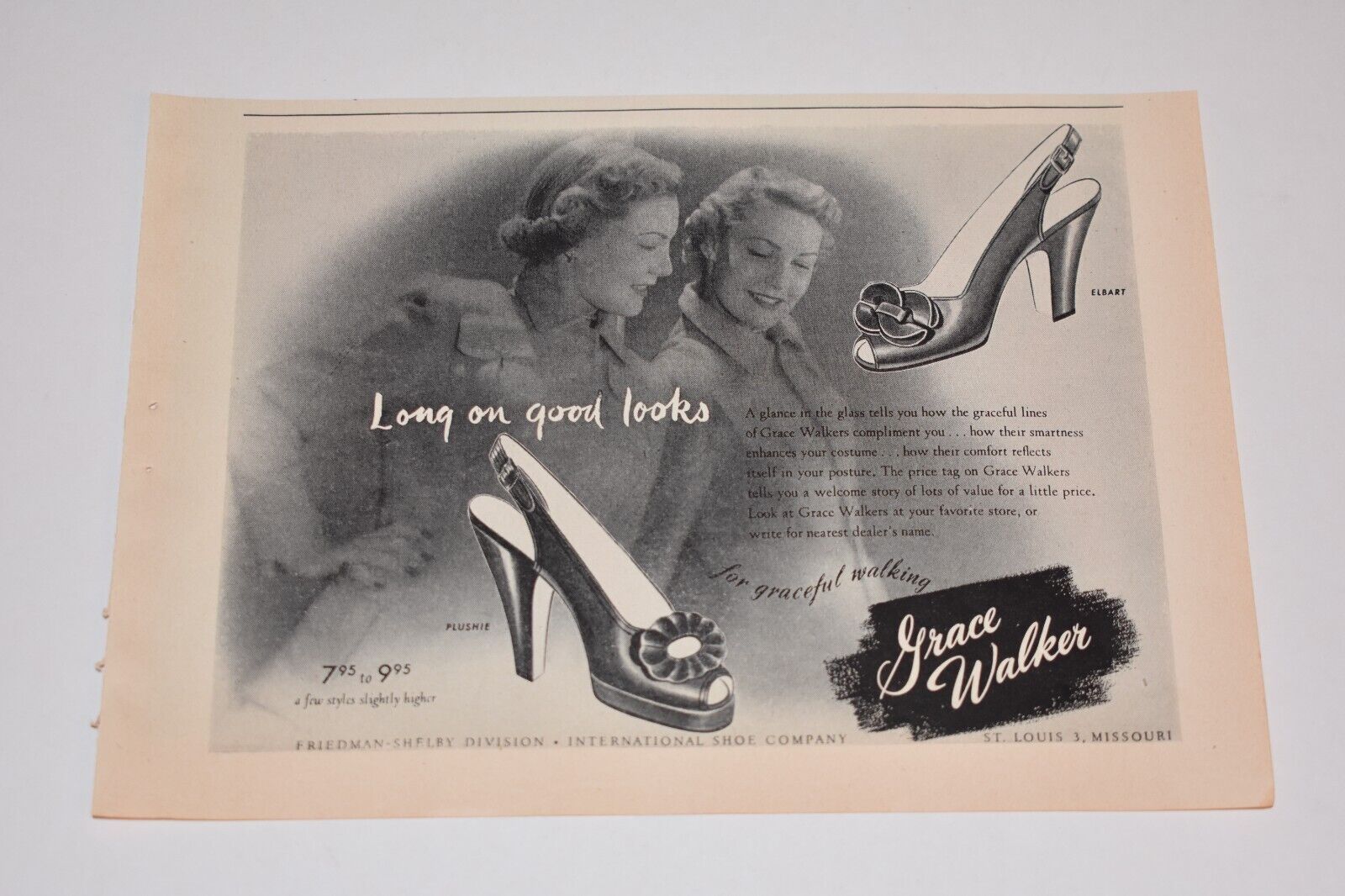Vintage 1950 Grace Walker Shoes International Shoe Company Print Ad.