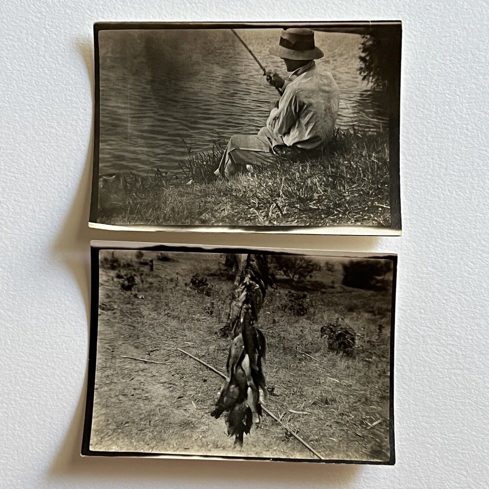 Antique Snapshot Photograph Man Fishing On Bank Plus His Fish Catch