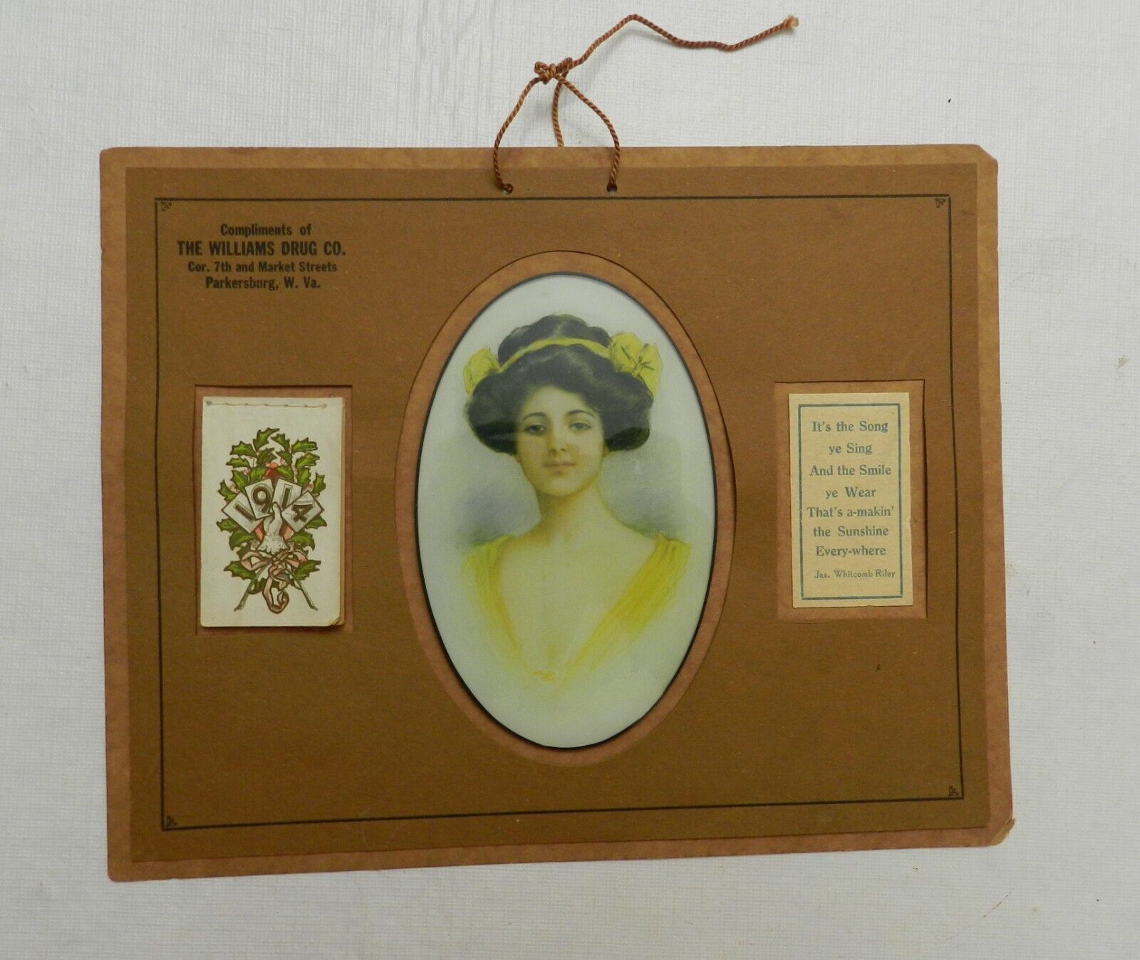 1914 Williams Drug Co Wall Calendar with Plastic VICTORIAN LADY PORTAIT, RARE EX