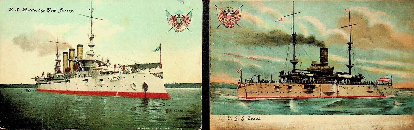 TWO 1901-07 POSTCARDS U S S  TEXAS & U.S.S. NEW JERSEY FULL COLOR - EE-99
