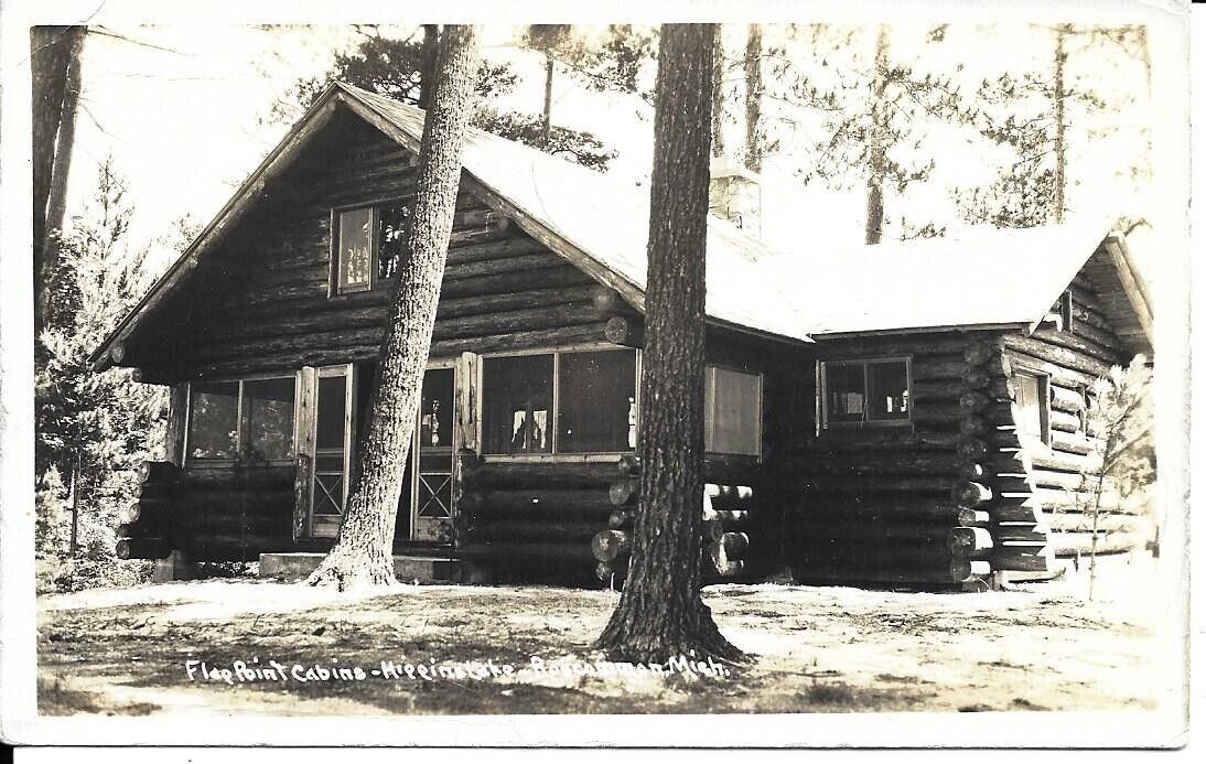 Log Cabin RPPC in Higgins Lake Michigan, Flag Point Mailed 1941 Vintage Postcard