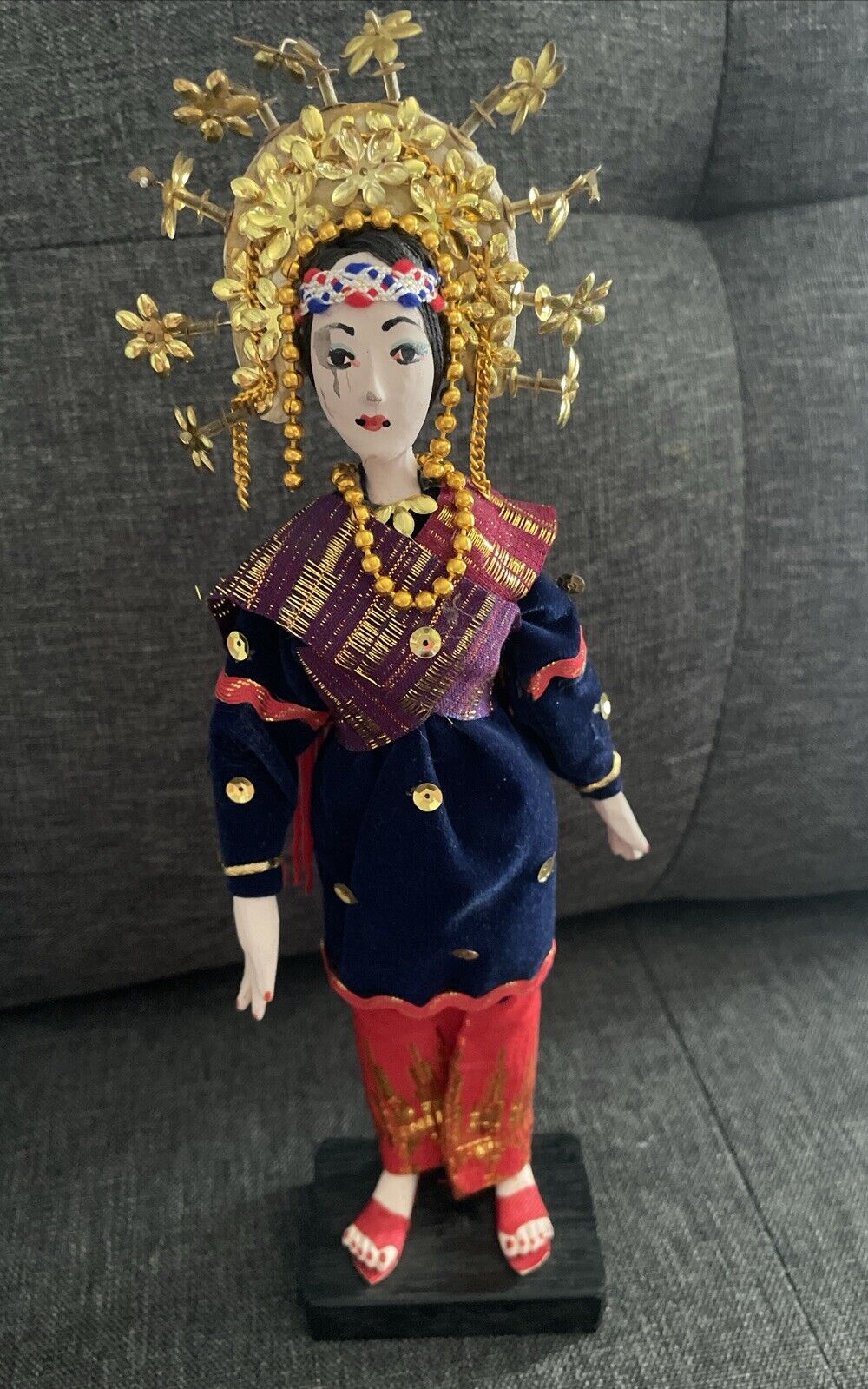 Vintage Beautiful Asian Doll with headdress.  Handmade and painted on wood block