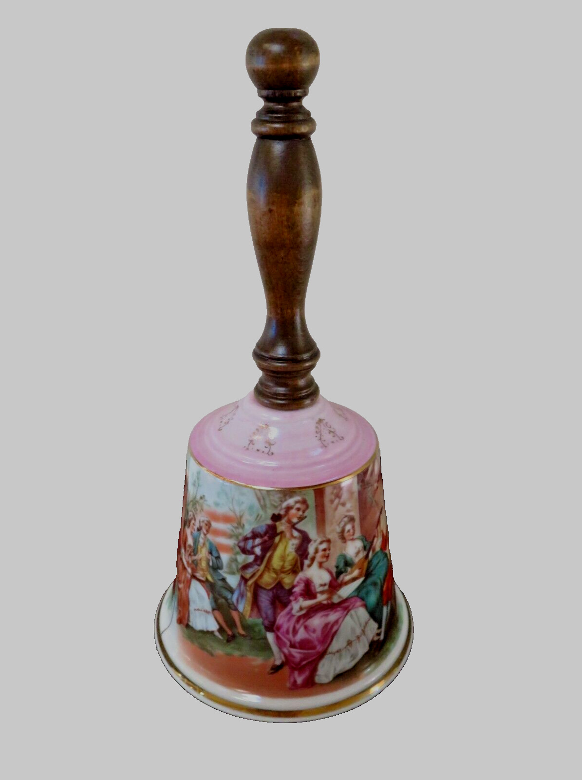 Vintage Large Victorian Porcelain Bell Scenes Lovers Musicians Wood Handle Mint