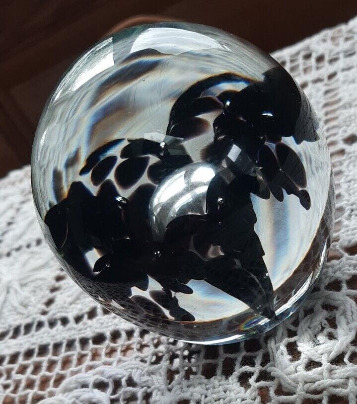 Vtg Titan Art Glass Paperweight Black Spotted Flower W Bubble, Signed 2000, 3\