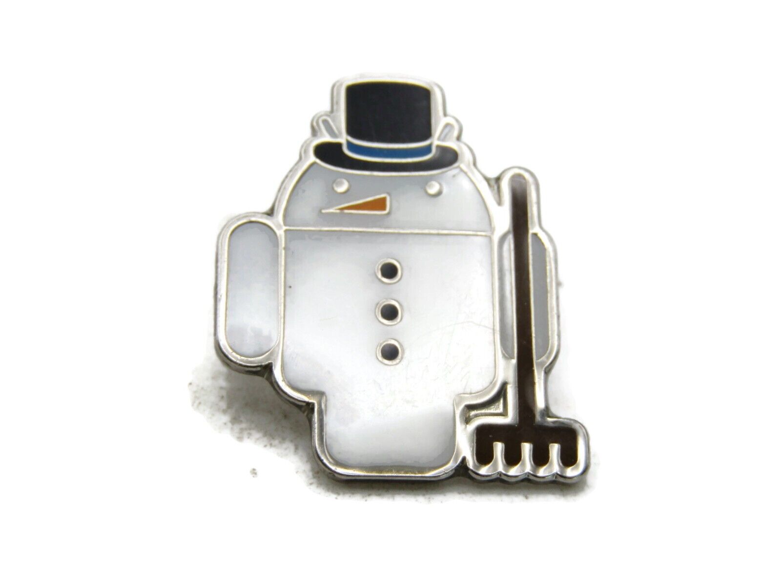 Robot Snowman Pin With Rake & Top Hat White & Silver Tone