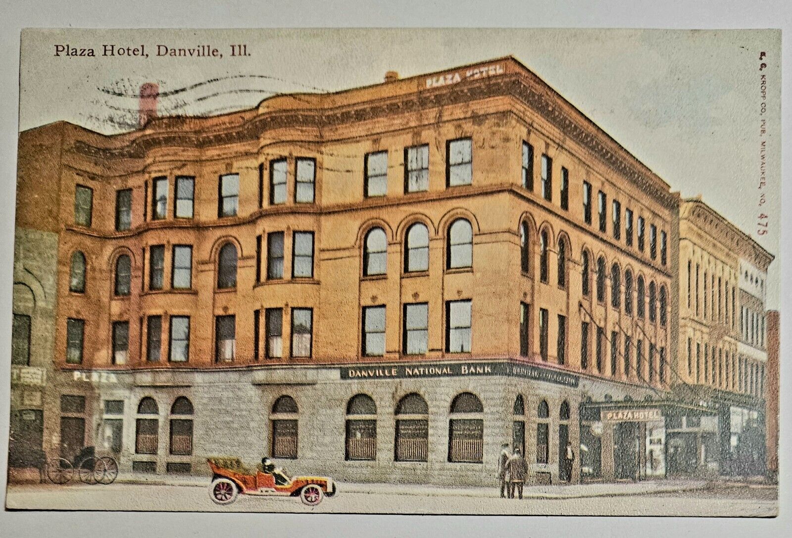 Vintage Danville, Illinois Postcard PLAZA HOTEL/Old Car/Southwest Corner Square