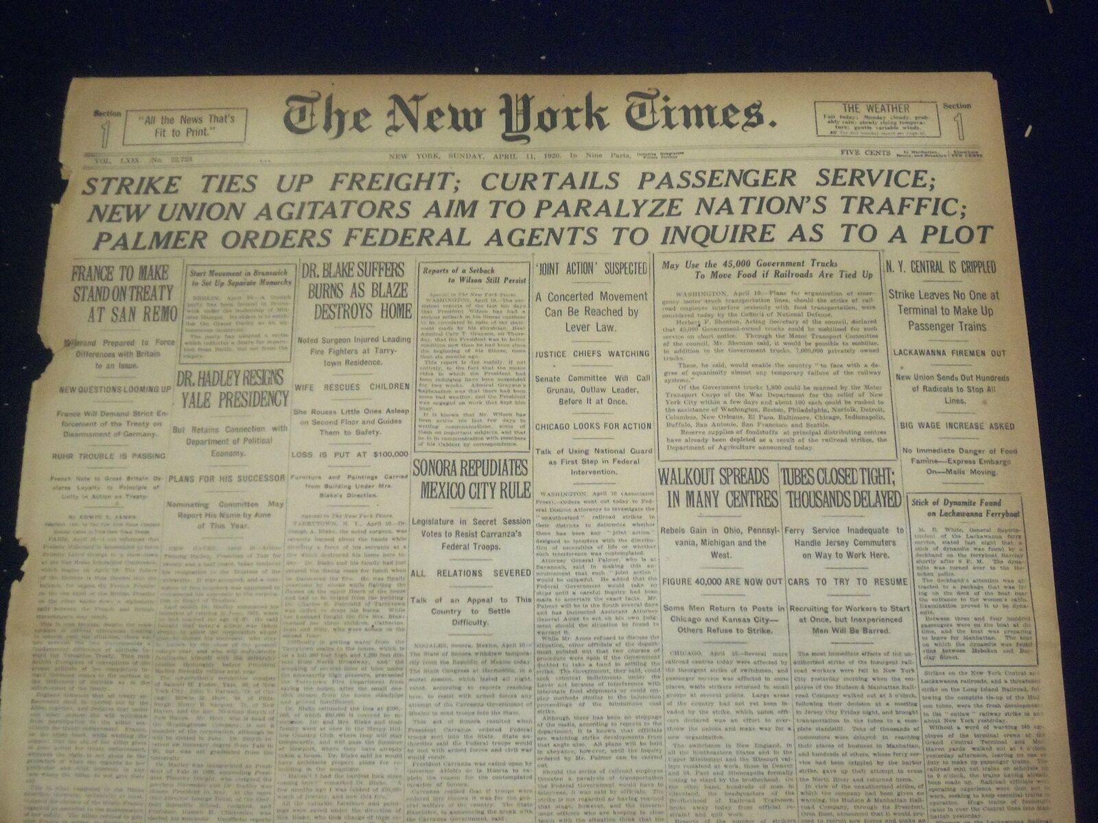 1920 APRIL 11 NEW YORK TIMES - STRIKE TIES UP FREIGHT - NT 8288