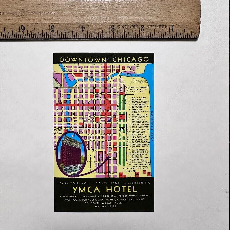 Downtown Chicago Map & YMCA Hotel Promo - Colorful Vintage Postcard RPPC