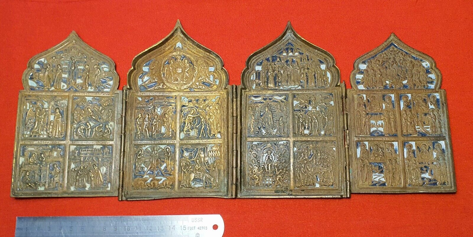 Antique bronze enamel fold icon four flaps 19th century