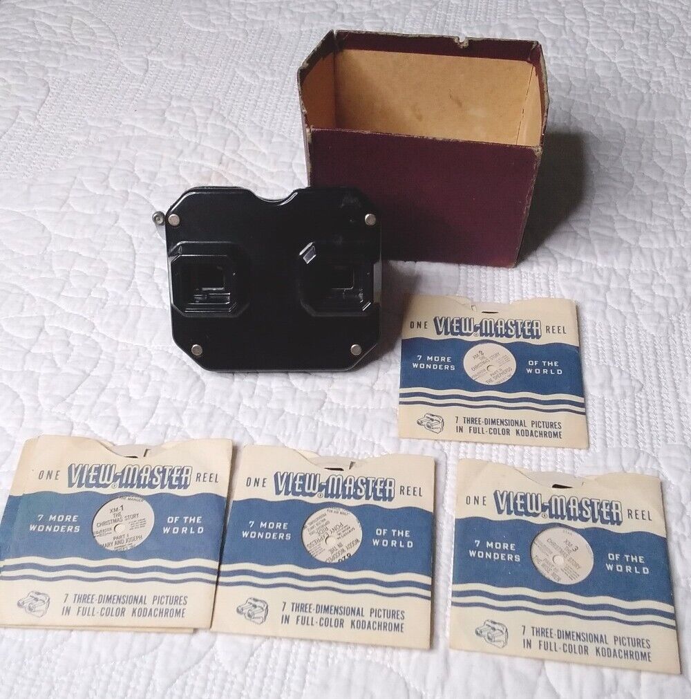 Vtg 50s Sawyer\'s View-Master W/ 4 Slides Christmas Story, Woody Woodpecker WORKS