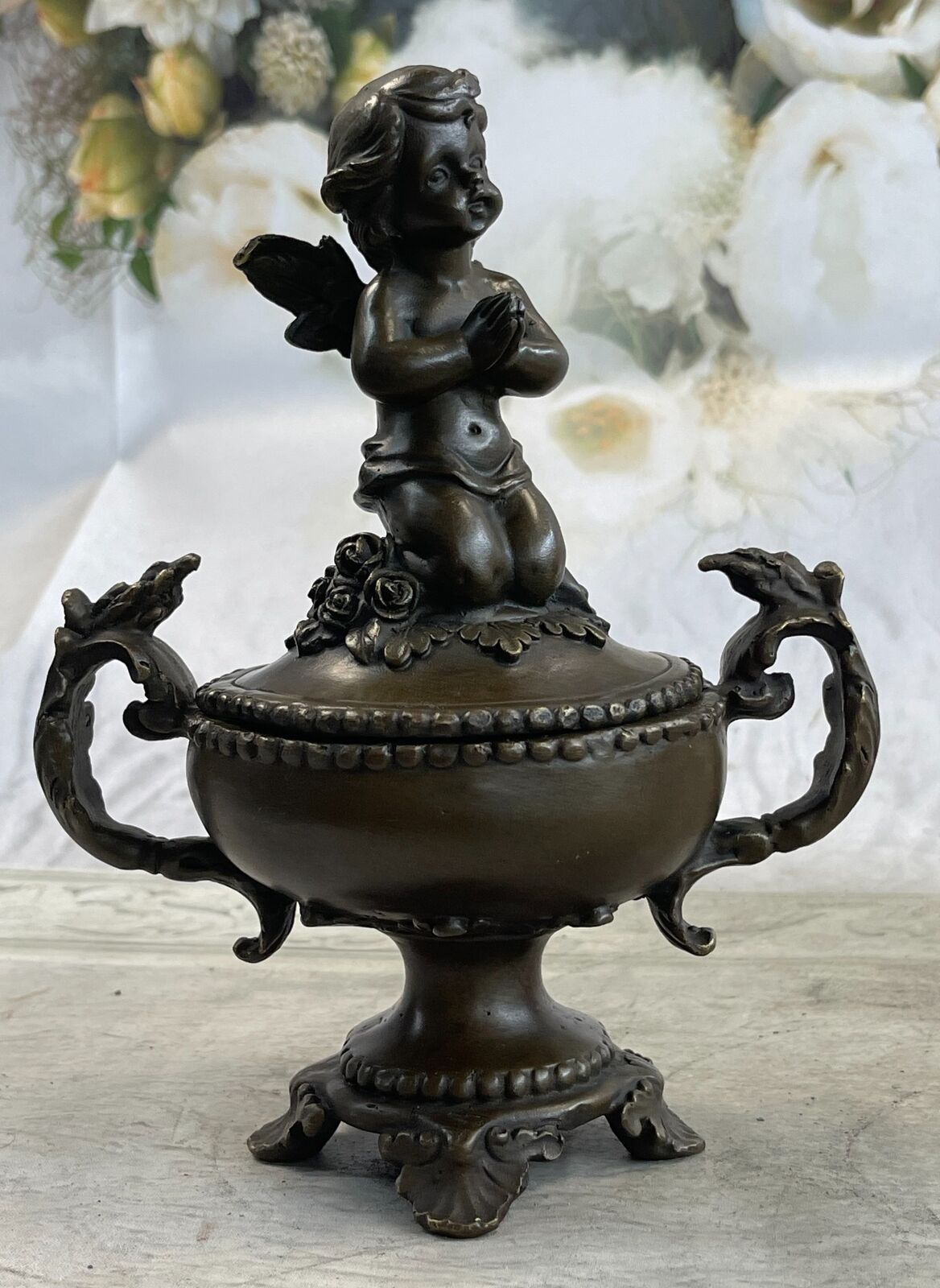 Handcrafted Baby Angel Praying Trinket Jewelry Box Bronze Sculpture Figurine