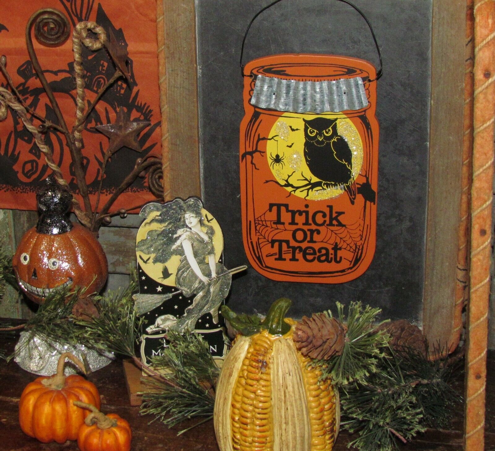 Prim Antique Vtg Style Spooky Trick or Treat Owl Spider Halloween Scary Jar Sign