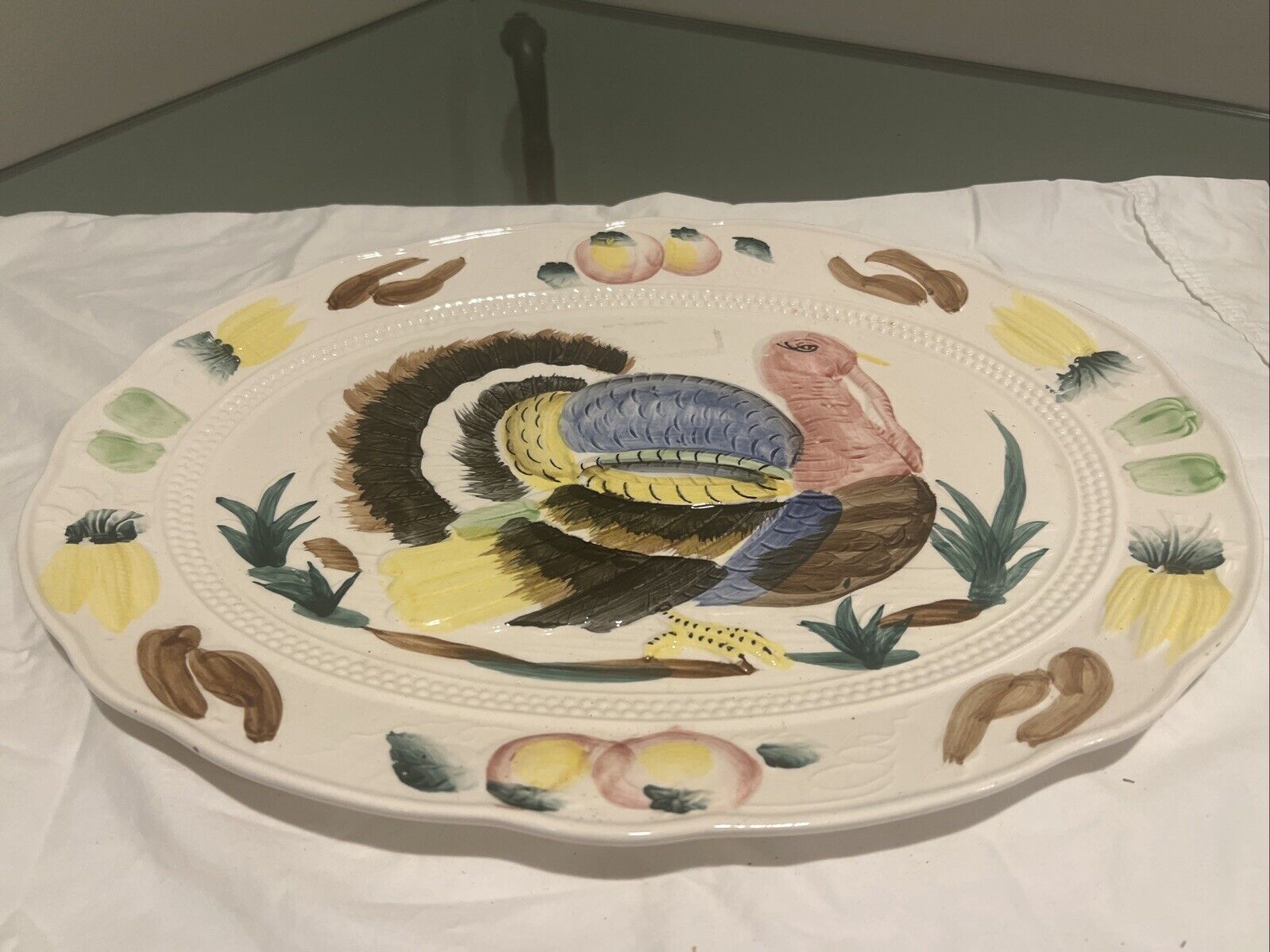 Ceramic Hand Painted Vintage Thanksgiving Turkey Serving Platter 18 X 14