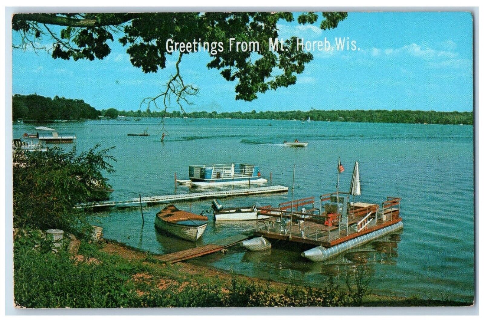 c1960 Greetings From Mt Horeb Wisconsin Pontoon Boat Lake River Vintage Postcard