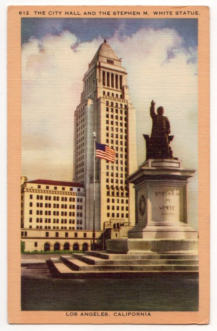 Los Angeles California City Hall c1940's Stephen M. White Statue, U. S. Flag