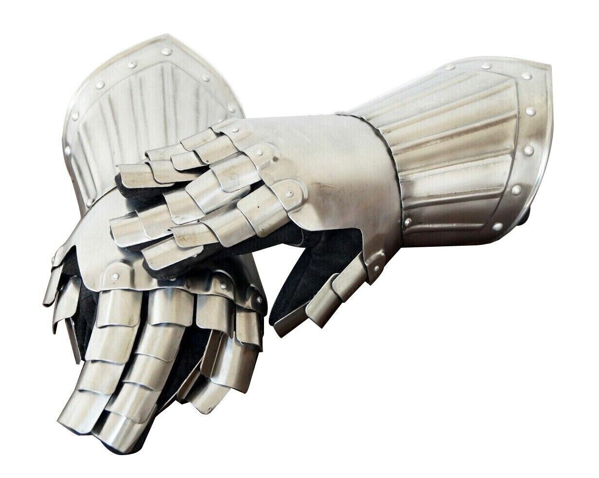 Medieval Gauntlet Gloves Pair Brass Accents Knight Crusader Armor Steel Gloves