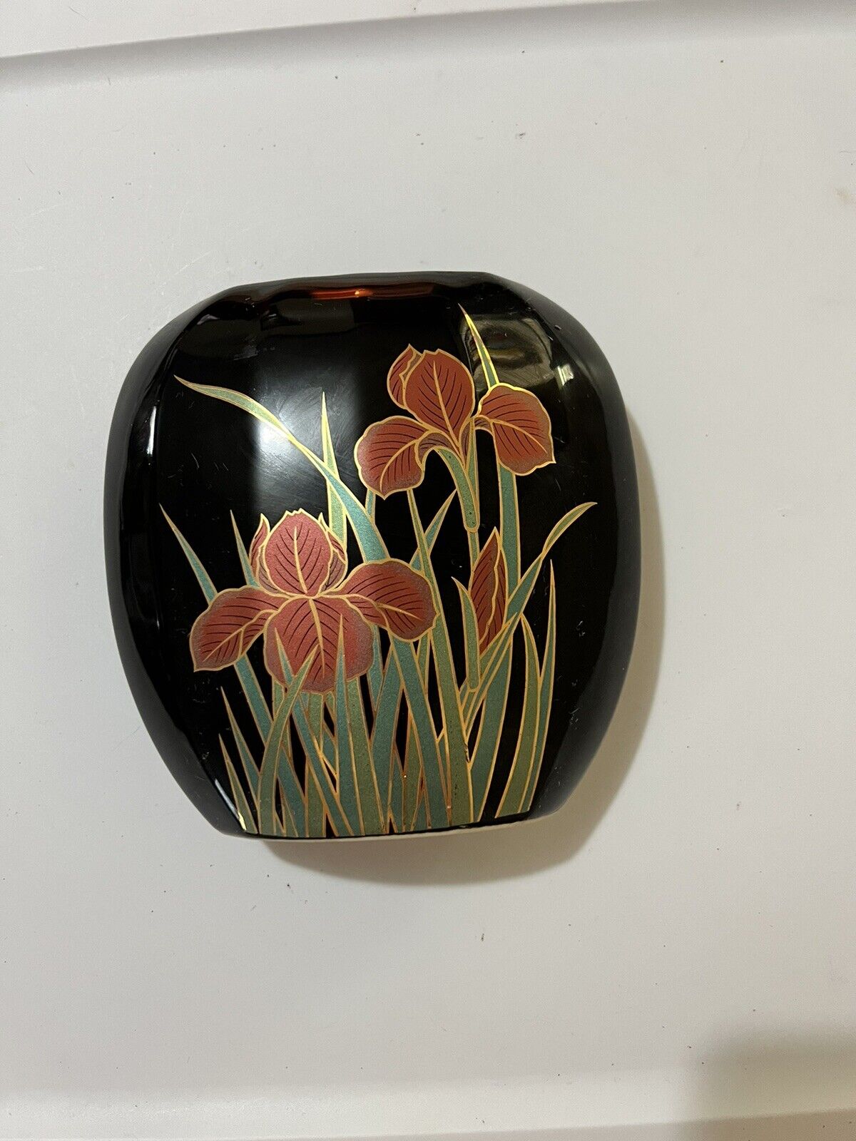Vintage Otagri Accents Black With Gold Oval Floral Vase Oriental Decor