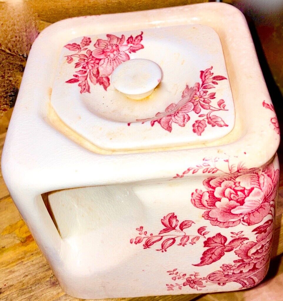 Antique Clarice Cliff Royal Staffordshire Pink Red Charlotte Cube Teapot Square