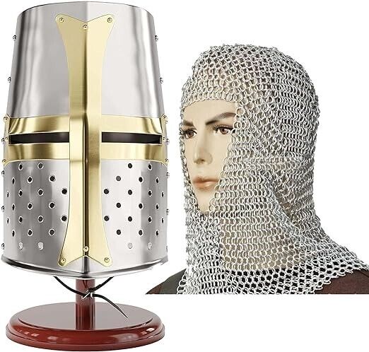 Medieval Crusader Helmet Replica + Steel Chainmail Coif V-Neck+ Wooden Stand GIF