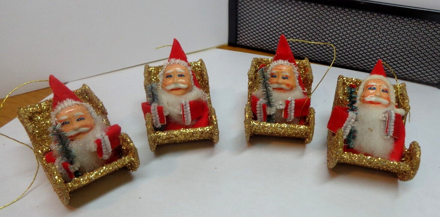 4 VINTAGE SANTA CLAUS IN GOLD GLITTER SEIGH ORNAMENTS W/TREES CHRISTMAS 